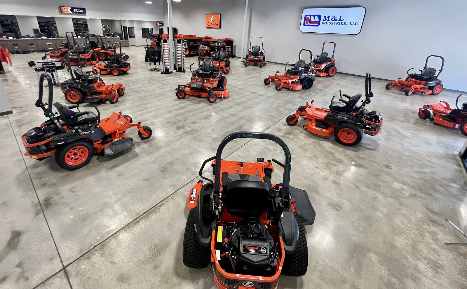 Kubota zero-turn mowers on display in the M&L Industries showroom